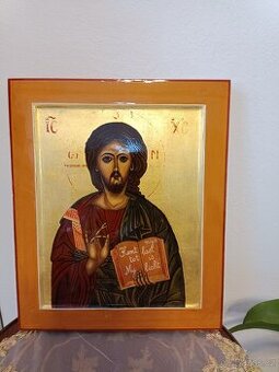 Starožitná dřevěná, lakovaná a zlacená Ikona.