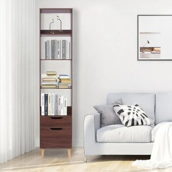 Vysoká úzká knihovna se zásuvkou a skříňkou