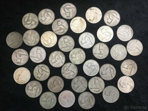 36 kusů starých stříbrných 5 Kč, mince z První Republiky