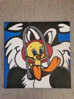 Ručně malovaný obraz na plátně Tweety a Sylvestr - 1