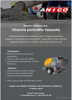 Nabídka práce – Obsluha pístového čerpadla na čerpání betonu
