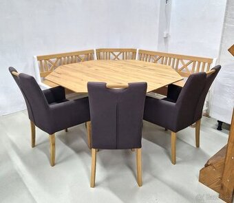 Sleva - Nový jídelní set stůl dub masiv + 6 židlí