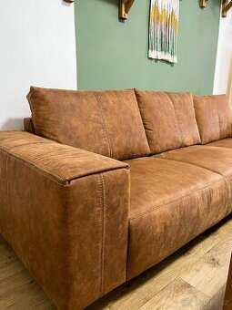 Rohová sedačka imitace kůže + masivní konferenční stolek