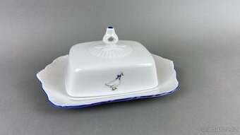 Máslenka s motivem husy, modrá linka, porcelán