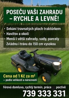 Sekání a mulčování trávy, řezání dřeva, bagr