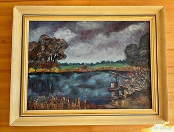 Obraz Vyskočil 1979 - hráz rybníka, olej na desce 65x50