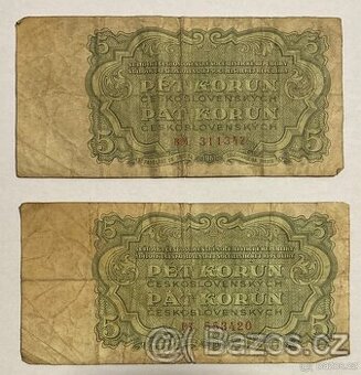 Bankovky 5 koruna, 3 koruna 1961 a 1 koruna 1944