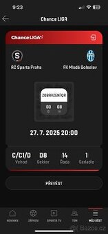 1x vstupenka Sparta Praha - Mladá Boleslav neděle 27.7.2025