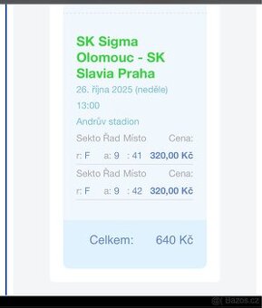 Prodám dvě vstupenky na fotbalové utkání SIGMA-SLAVIA