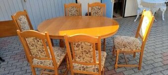 Jídelní stůl oválný, rozkládací a 6 židlí - masiv