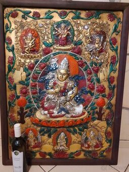 Tibetské drevo bronzová maľba - Thanka