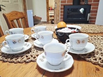 Čajová kávova souprava šálky bílé zlacene Bohemia