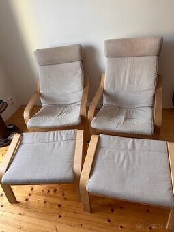 IKEA POÄNG – křesla a podnožky, bříza / béžová