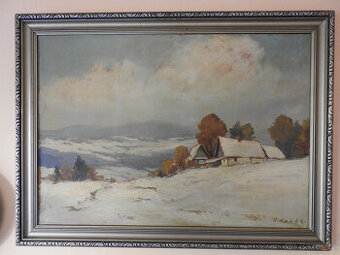 starožitný Obraz olej chalupa v zimě