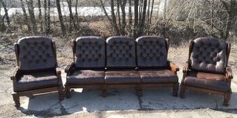 Kožená sedací souprava 3+1+1 s masivnim dřevem