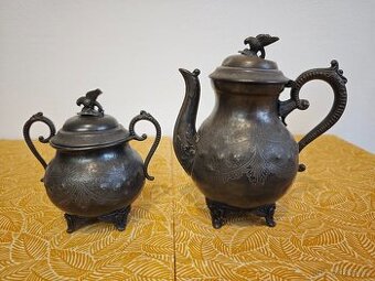 Starožitná čajová konvice + cukřenka - cínová