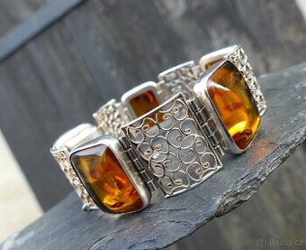 Luxusní stříbrný Art Deco náramek jantar, filigrán