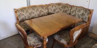 Masivní rohová lavice +2x židle + rozkládací stůl