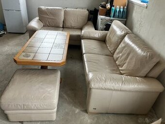 Kožená sedačka s křeslem světlá velmi kvalitní pěkný stav