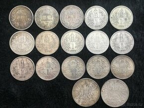17 kusů 1 a 2 korun Rakousko Uhersko, každá mince jiná