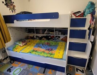 Dětská patrová postel / palanda s úložným prostorem (modro-