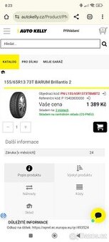 LETNÍ PNEU 155/65 R13 73 T - KRÁSNÝ VZOREK JAK U NOVÝCH PNEU