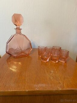 Likérová sada 6x sklenička a karafa MOSER růžové sklo