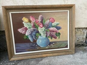 Obraz váza s šeříky a tulipány - 1