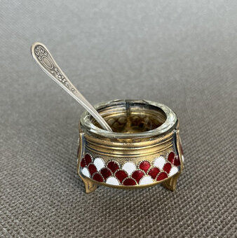 Smaltovaná melchiorová solnička a lžička, SSSR