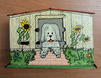 Starožitná plechová pokladnička na mince