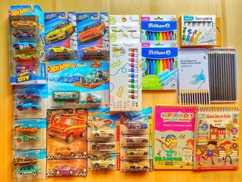23x hot wheels autíčka, pastelky, fixy, temperky, lušťovky