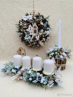 Vánoční/Adventní bílo-přírodní set (věnec a svícen)