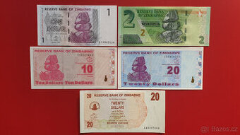 Sada 5 bankovek ZIMBABWE – 1, 2, 10 a 2 x 20 dolarů UNC
