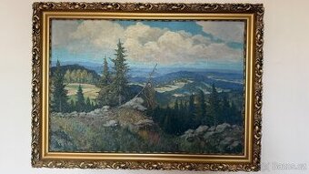 Velký starý malovaný obraz na plátně – V. Novák?