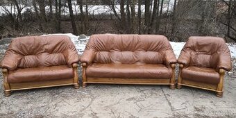 Kožená sedací souprava 3+2+1 s masivním dřevem