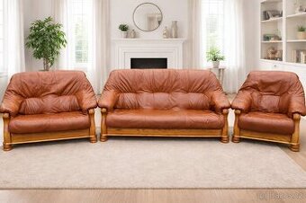 Kožená sedací souprava 3+2+1 s masivním dřevem