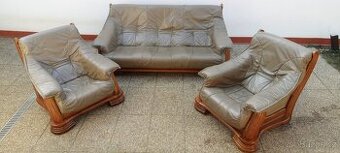 Rustikální sedací souprava, gauč+ 2 křesla, kůže, masív