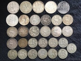 30 kusů stříbrných 5, 10 a 20 korun, mince První Republika