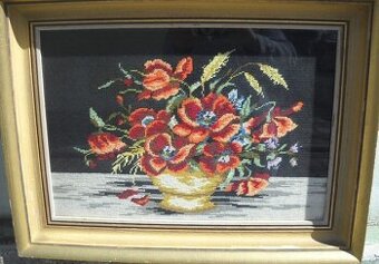 Vlčí máky, ručně vyšívaný obraz