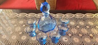 Modrá likérová souprava - karafa a 6 skleniček
