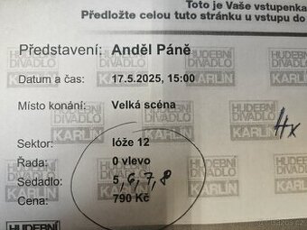 Prodám vstupenky na Anděl Páně