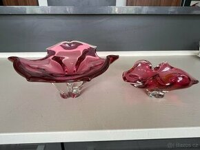 Sada z hutního skla (mísa a popelník) - růžová barva