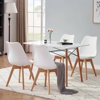 Bílé jídelní/stolní židle s koženým sedákem – 6 kusů, nové