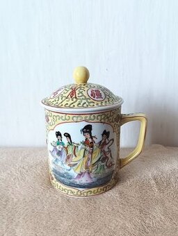 Žlutý čínský vintage hrnek s pokličkou