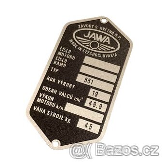 Výrobní štítek Jawetta Standard, Sport - dle originálu (lept