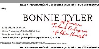 Prodám 2 lístky na koncert Bonnie Tyler 14.6. v Brně