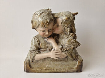 Starožitná secesní keramická socha sousoší busta děti ca1900