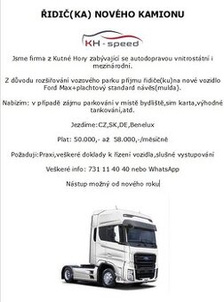 Řidič(KA) nového nákladního auta ,,C+E,,