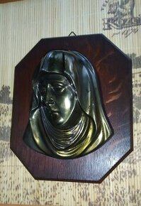Plastika Panna Marie na dřevě, obrázek Krista na skle