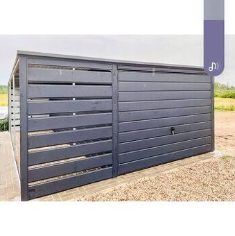 Plechova garáž 3x6m + přístřešek 1,2m - výklopná vrata